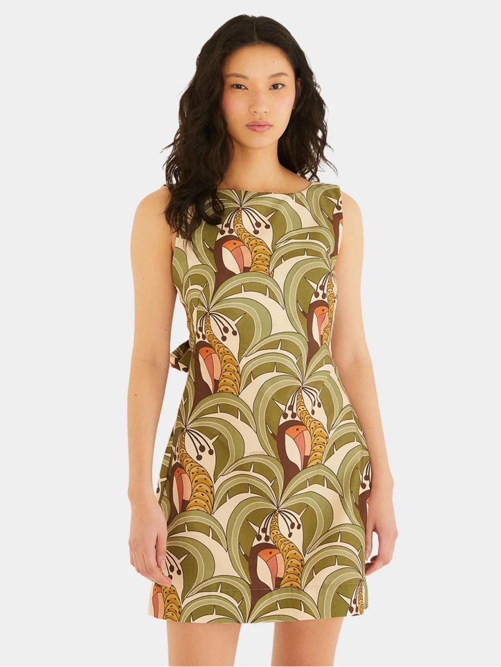 FARM Rio Olive Retro Print Mini Dress with Coral & Brown Accents